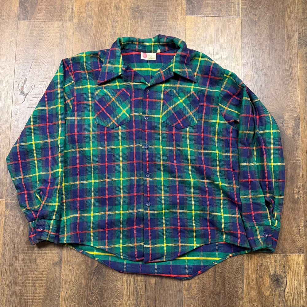 Vintage 70s King's Road Sears Tartan Plaid Flannel Shirt XL